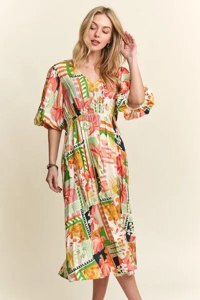 ADORA Floral V-Neck Puff Sleeve Midi Dress sold by Charming Charlie product image thumbnail 4