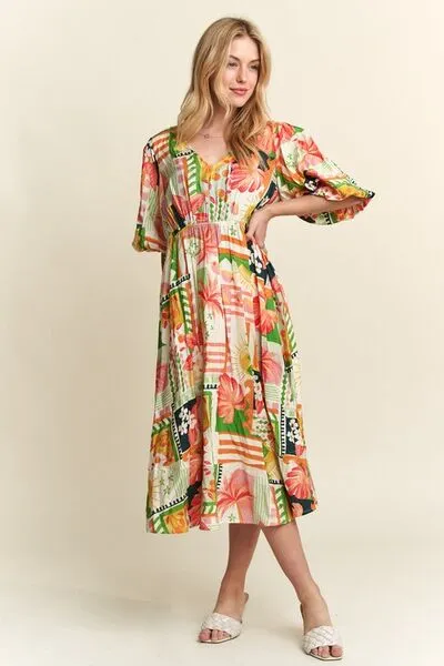 ADORA Floral V-Neck Puff Sleeve Midi Dress sold by Charming Charlie product image thumbnail 5
