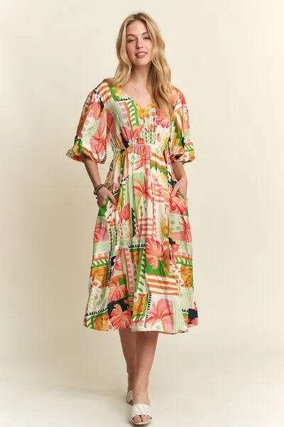 ADORA Floral V-Neck Puff Sleeve Midi Dress sold by Charming Charlie