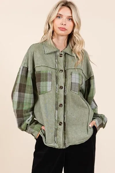 Mittoshop Button Down Contrast Plaid Patchwork Shacket sold by Charming Charlie
