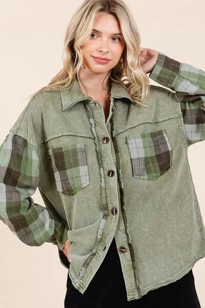 Mittoshop Button Down Contrast Plaid Patchwork Shacket sold by Charming Charlie product image thumbnail 4