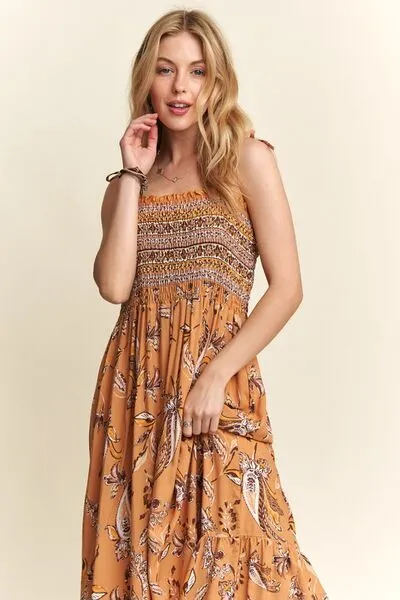 ADORA Smocked Printed Square Neck Tie Shoulder Cami Dress sold by Charming Charlie