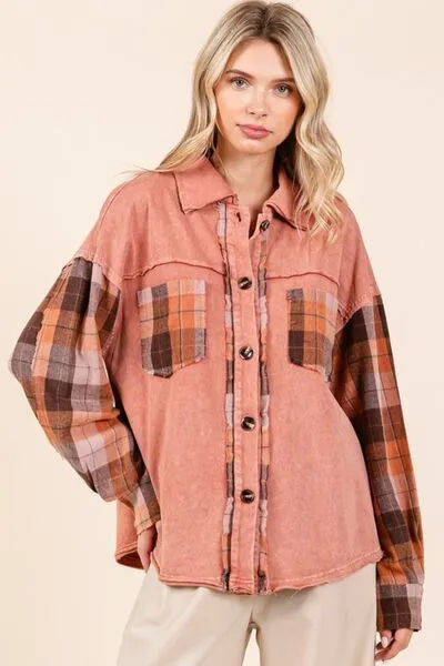 Mittoshop Button Down Contrast Plaid Patchwork Shacket sold by Charming Charlie product image thumbnail 3