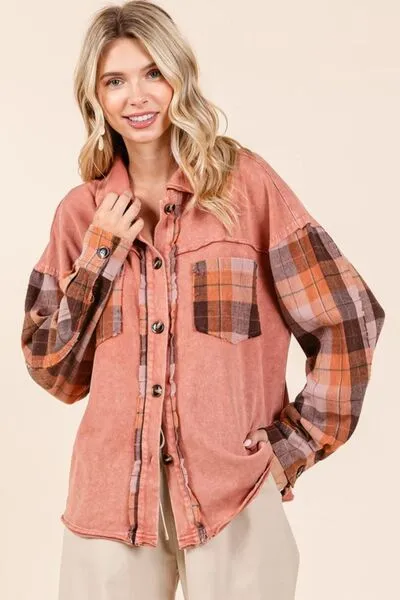 Mittoshop Button Down Contrast Plaid Patchwork Shacket sold by Charming Charlie
