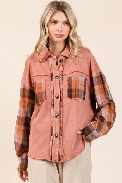 Mittoshop Button Down Contrast Plaid Patchwork Shacket sold by Charming Charlie product image thumbnail 4