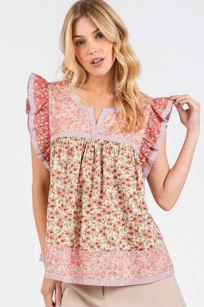 Mittoshop Floral Notched Ruffled Cap Sleeve Blouse sold by Charming Charlie