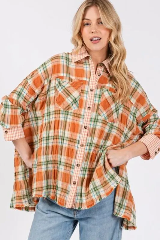 SAGE + FIG Side Slit Plaid Button Down Long Sleeve Shirt sold by Charming Charlie