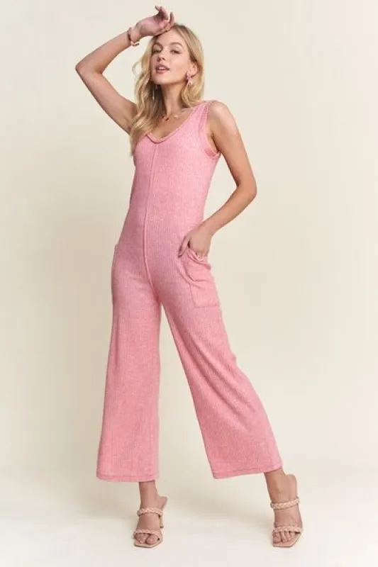 ADORA Ribbed V-Neck Wide Leg Jumpsuit with Pockets sold by Charming Charlie