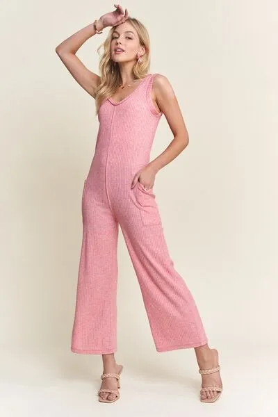 ADORA Ribbed V-Neck Wide Leg Jumpsuit with Pockets sold by Charming Charlie