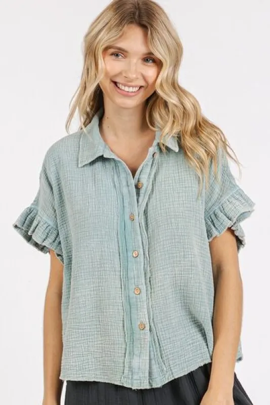 Mittoshop Mineral Washed Button Down Flounce Sleeve Shirt sold by Charming Charlie