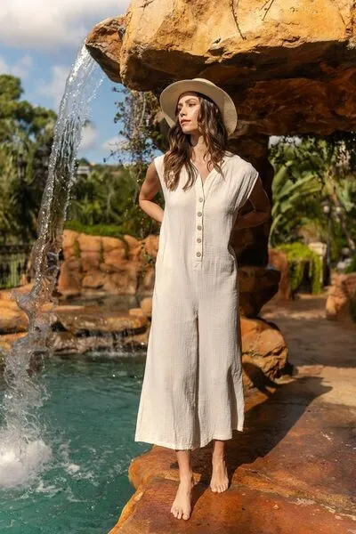 Annie Wear Button Detail Wide Leg Jumpsuit with Pockets sold by Charming Charlie product image thumbnail 4