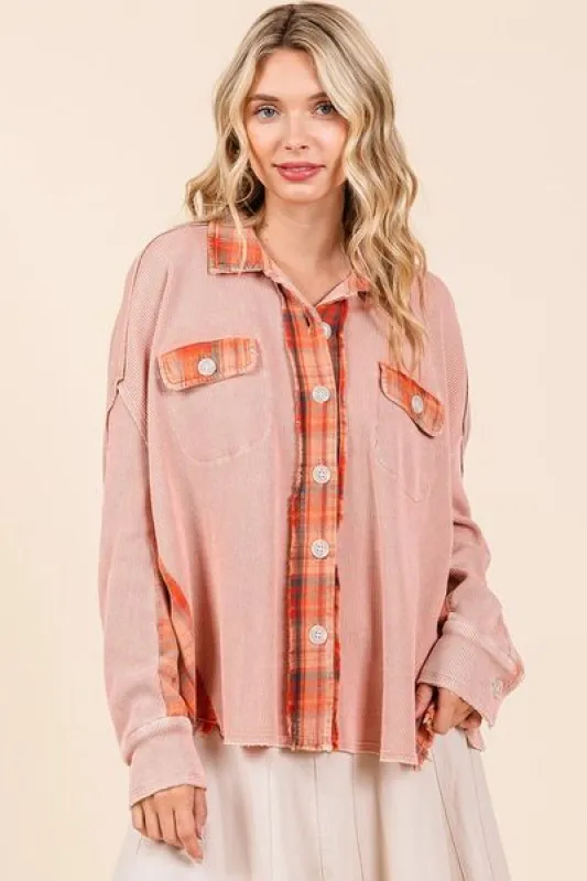 Mittoshop Mineral Washed Plaid Button Down Shacket sold by Charming Charlie