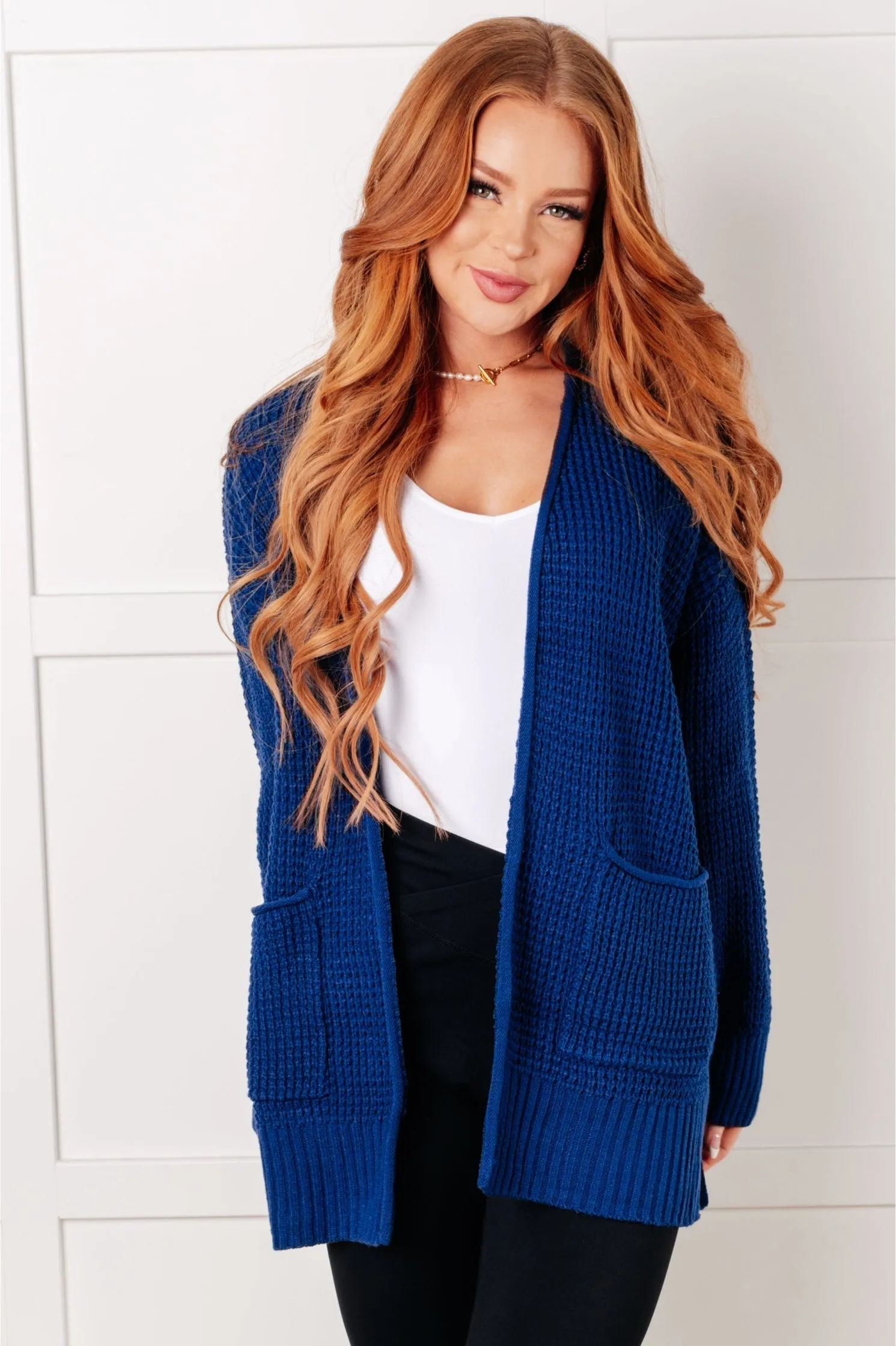 Everything Layer Waffle Knit Open Front Cardigan in Light Navy sold by Charming Charlie product image thumbnail 3