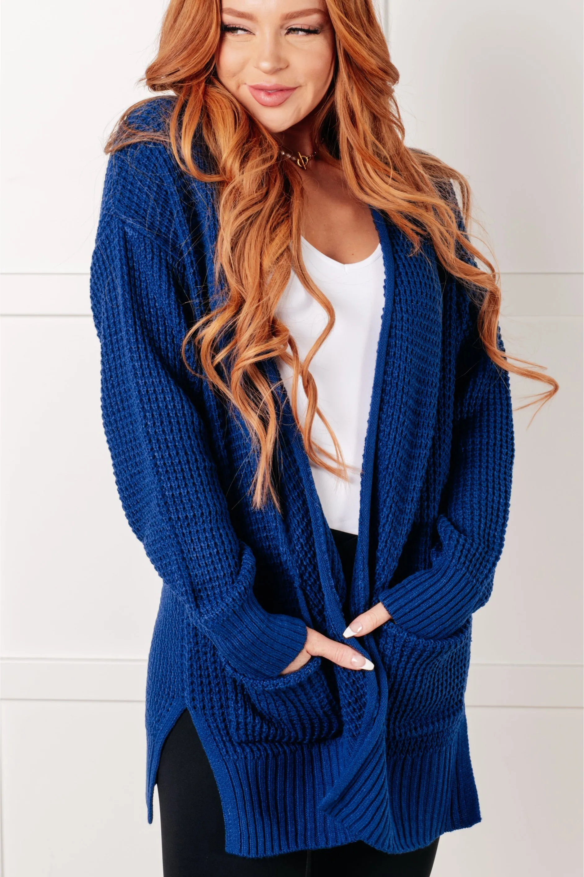 Everything Layer Waffle Knit Open Front Cardigan in Light Navy sold by Charming Charlie