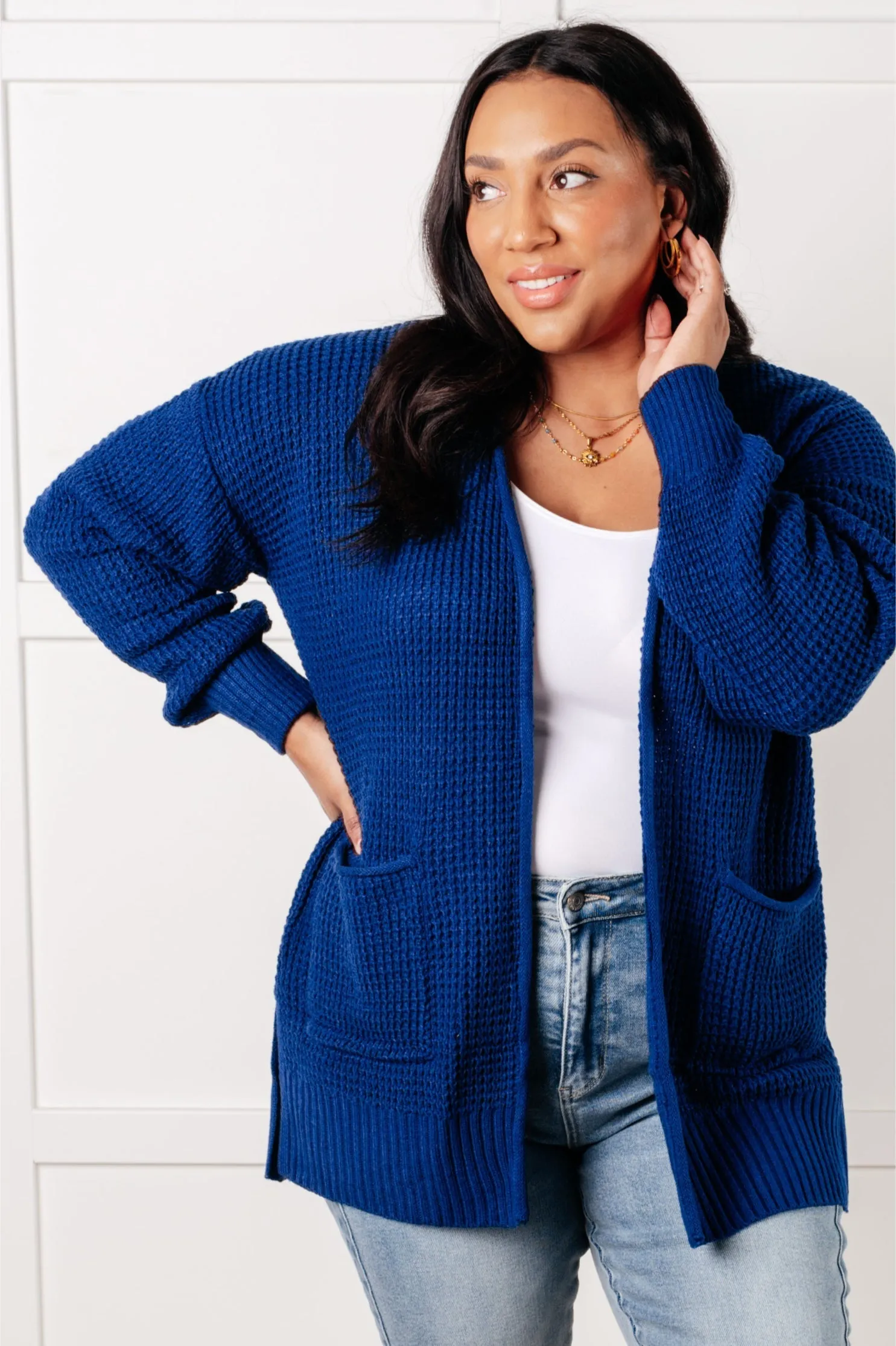 Everything Layer Waffle Knit Open Front Cardigan in Light Navy sold by Charming Charlie product image thumbnail 5