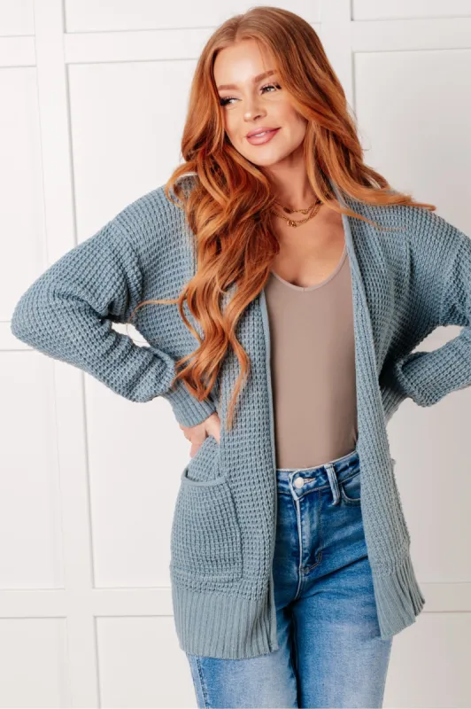 Everything Layer Waffle Knit Open Front Cardigan in Blue Grey sold by Charming Charlie