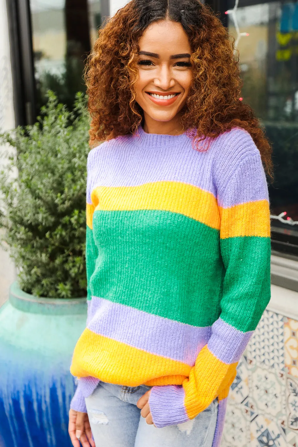 Love Found Mardi Gras Mohair Stripe Rib Knit Tunic Sweater sold by Charming Charlie