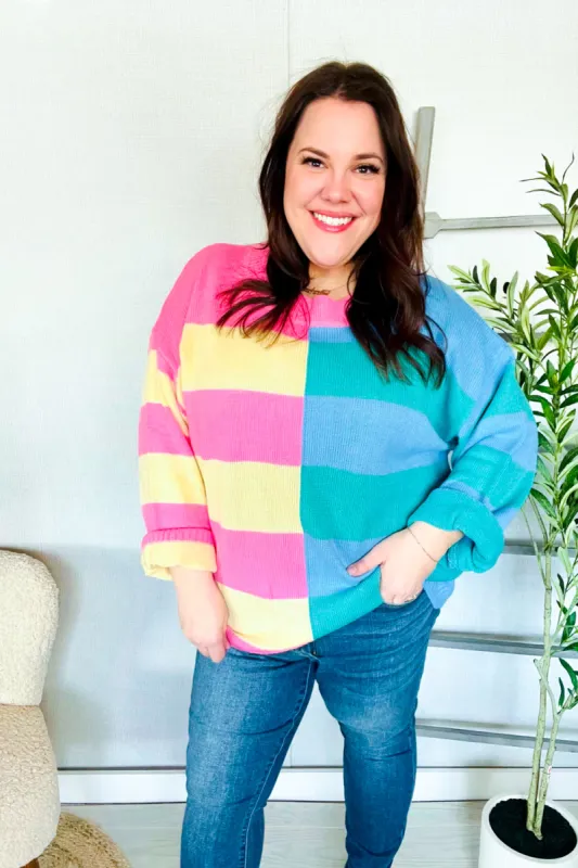 Catch Glances Blush & Blue Stripe Color Block Knit Sweater sold by Charming Charlie