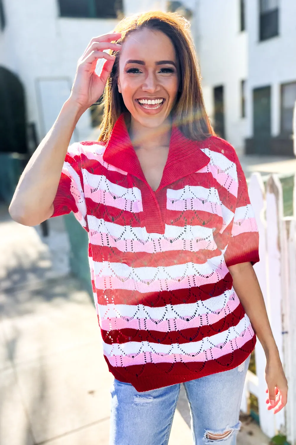 Sweetheart Ready Pointelle Collared Notch Neck Sweater sold by Charming Charlie product image thumbnail 2