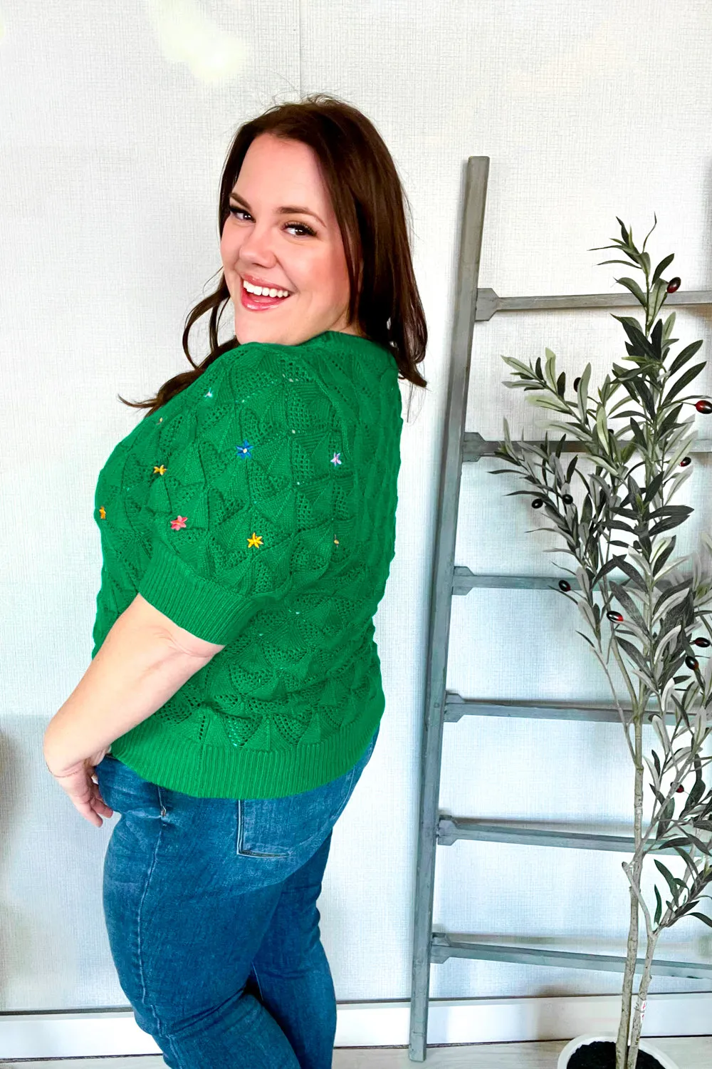 Flower Power Embroidered Crochet Textured Short Sleeve Sweater sold by Charming Charlie product image thumbnail 5