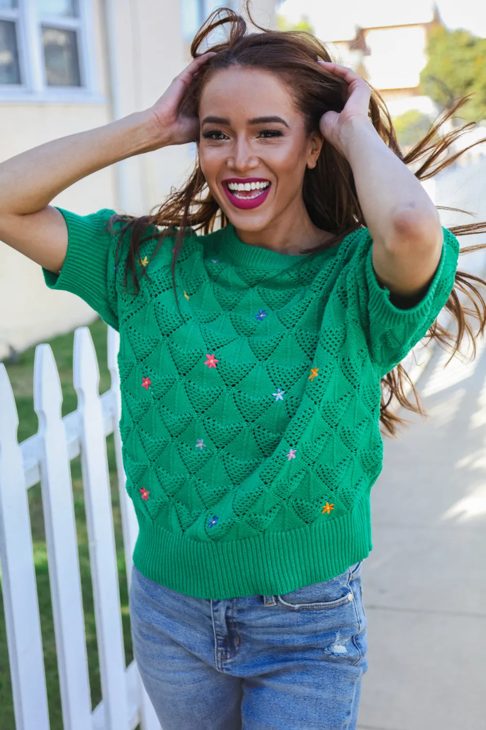 Flower Power Embroidered Crochet Textured Short Sleeve Sweater sold by Charming Charlie