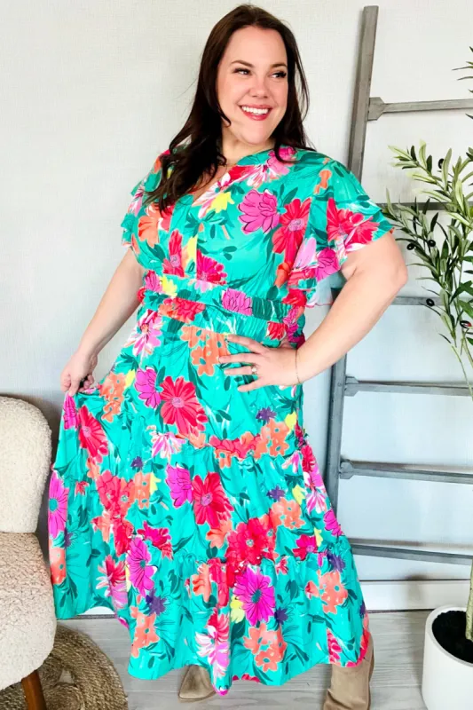 Hello Beautiful Multicolor Tropical Floral Smock Waist Maxi Dress sold by Charming Charlie