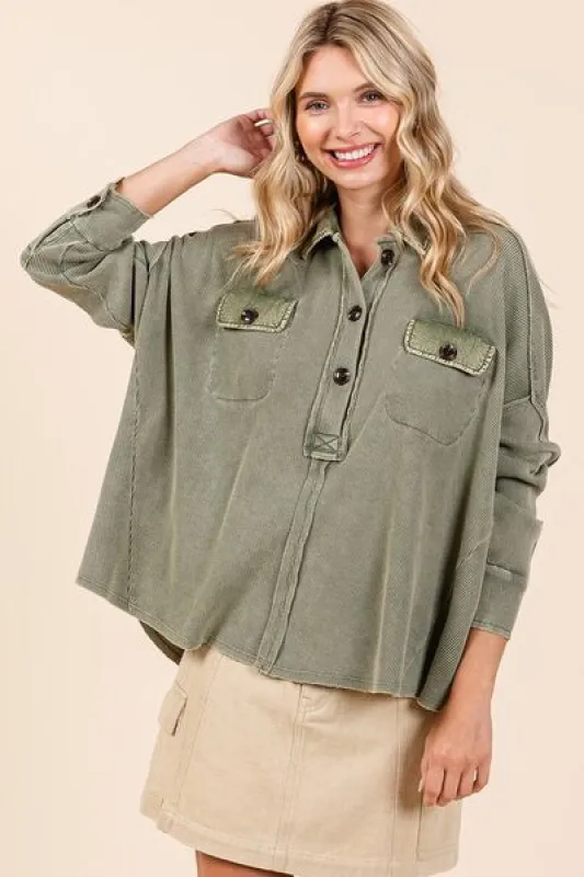 Mittoshop Mineral Wash Waffle Knit Collared Neck Henley Top sold by Charming Charlie