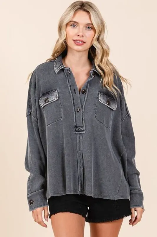 Mittoshop Mineral Wash Waffle Knit Collared Neck Henley Top sold by Charming Charlie