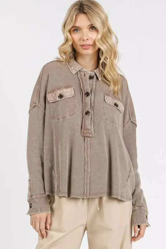 Mittoshop Mineral Wash Waffle Knit Collared Neck Henley Top sold by Charming Charlie