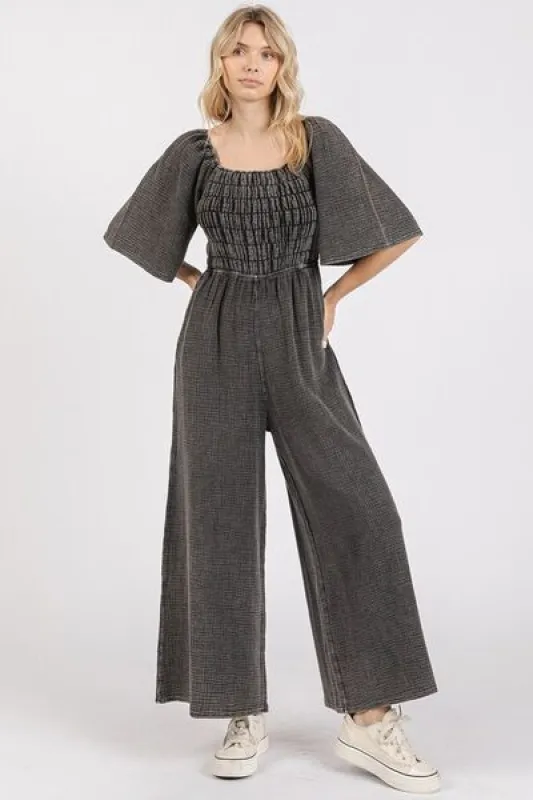 Mittoshop Mineral Wash Gauze Ruched Wide Leg Jumpsuit sold by Charming Charlie