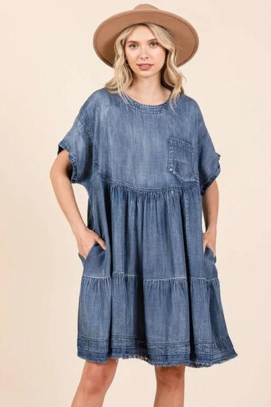 Mittoshop Washed Chambray Denim Oversized Tier Mini Dress sold by Charming Charlie