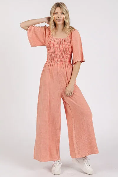 Mittoshop Mineral Wash Gauze Ruched Wide Leg Jumpsuit sold by Charming Charlie