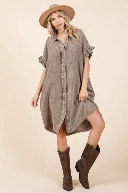 Mittoshop Mineral Wash Cotton Gauze Mini Shirt Dress sold by Charming Charlie