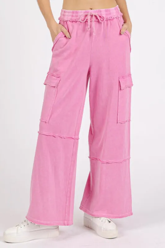 Mittoshop Mineral Wash Elastic Waist Cargo Wide Leg Pants sold by Charming Charlie