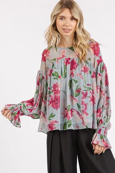 Mittoshop Floral Round Neck Flounce Sleeve Blouse sold by Charming Charlie