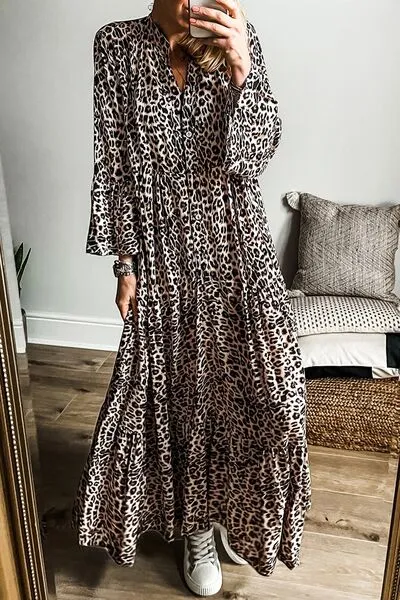 Leopard Notched Long Sleeve Maxi Dress sold by Charming Charlie