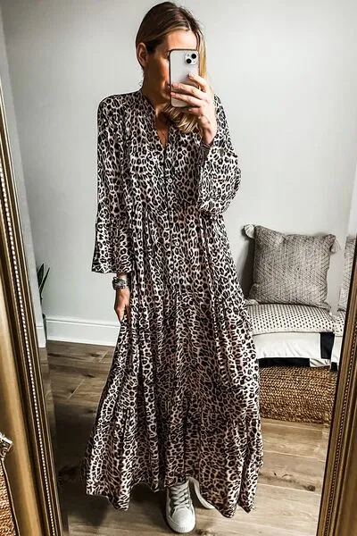 Leopard Notched Long Sleeve Maxi Dress sold by Charming Charlie product image thumbnail 2
