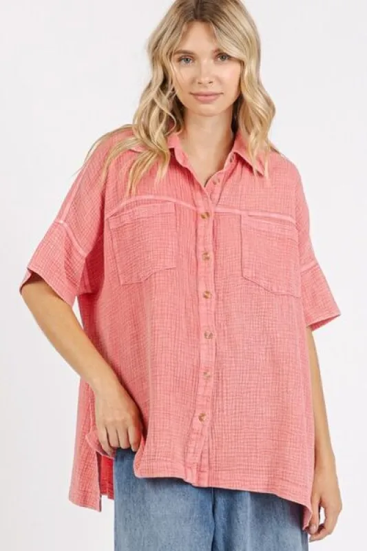 Mittoshop Mineral Wash Gauze Oversized Short Sleeve Shirt sold by Charming Charlie