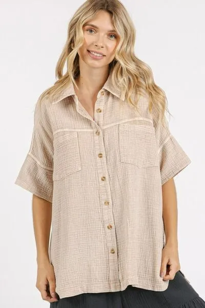Mittoshop Mineral Wash Gauze Oversized Short Sleeve Shirt sold by Charming Charlie product image thumbnail 3