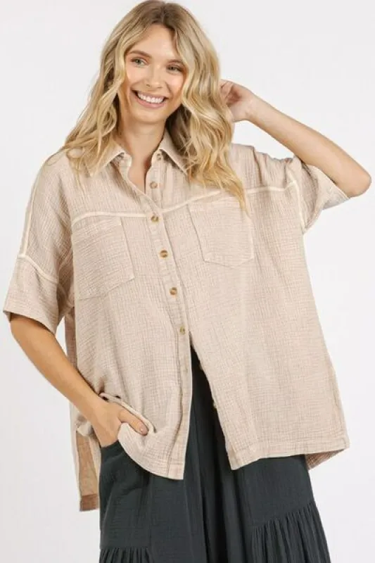 Mittoshop Mineral Wash Gauze Oversized Short Sleeve Shirt sold by Charming Charlie