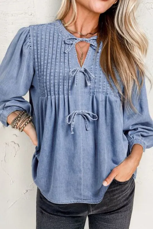 Bow Tie Long Sleeve Denim Top sold by Charming Charlie