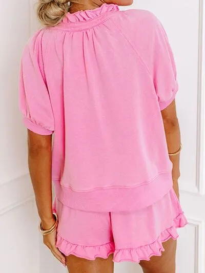Half Zip Puff Sleeve Top and Ruffled Shorts Set sold by Charming Charlie product image thumbnail 3