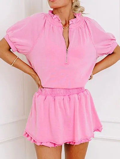 Half Zip Puff Sleeve Top and Ruffled Shorts Set sold by Charming Charlie product image thumbnail 2