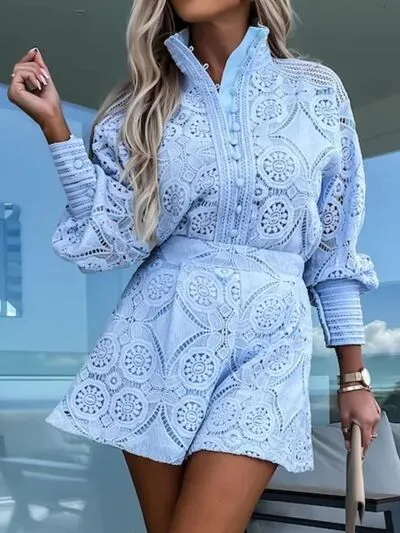 Button Detail Lace Lantern Sleeve Top and Shorts Set sold by Charming Charlie product image thumbnail 5