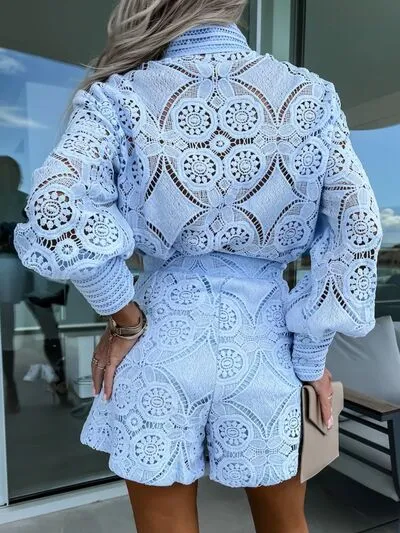 Button Detail Lace Lantern Sleeve Top and Shorts Set sold by Charming Charlie product image thumbnail 2