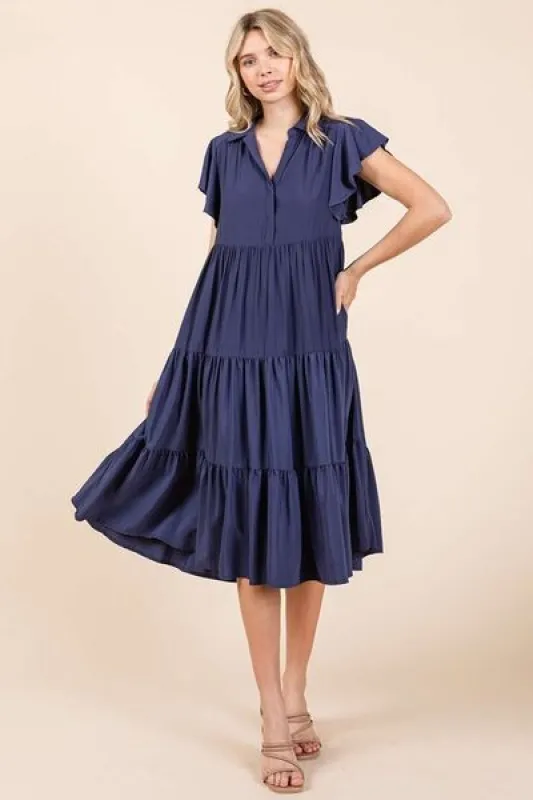 Mittoshop Ruffle Sleeve Collared V Neck Tiered Midi Dress sold by Charming Charlie