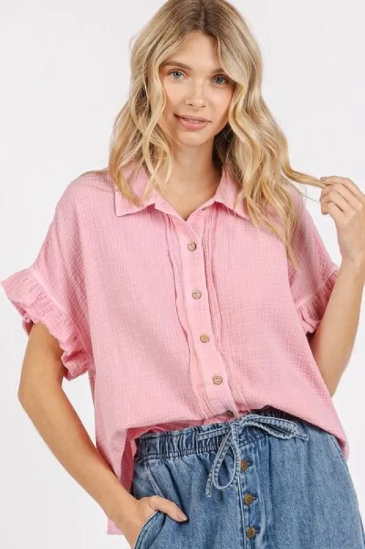 Mittoshop Mineral Washed Button Down Flounce Sleeve Shirt sold by Charming Charlie