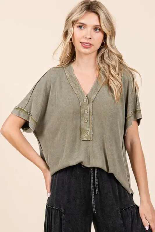 Mittoshop Mineral Wash Henley Short Sleeve Waffle Knit Top sold by Charming Charlie