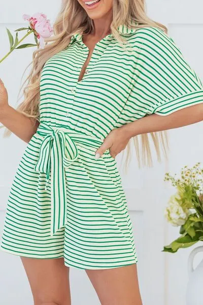 Striped Half Sleeve Tie Waist Romper sold by Charming Charlie product image thumbnail 5