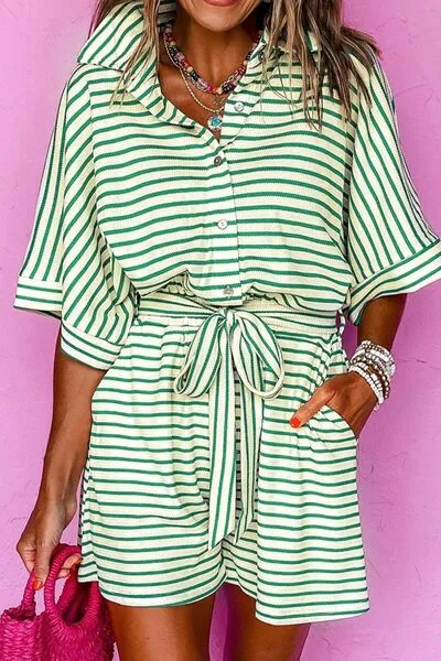Striped Half Sleeve Tie Waist Romper sold by Charming Charlie product image thumbnail 2